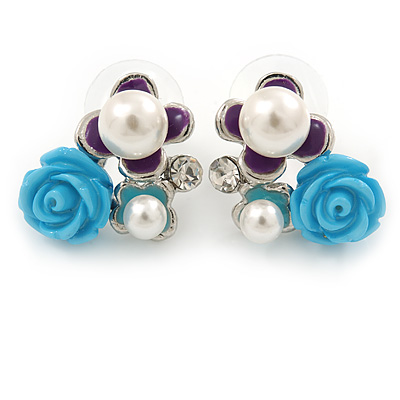 Blue, Purple, Glass Pearl Floral Stud Earrings In Rhodium Plating - 20mm L - main view