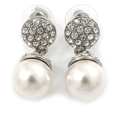 Bridal/ Prom/ Wedding Glass Pearl, Clear Crystal Acorn Drop Earrings In Rhodium Plating - 35mm L - main view