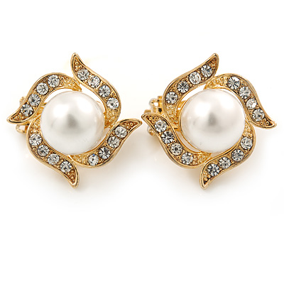 Bridal Diamante White Glass Pearl Clip On Earrings In Gold Plating - 23mm Diameter