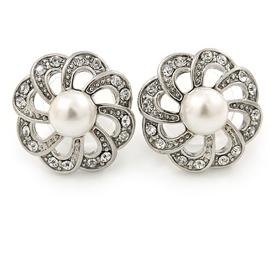 Clear Crystal, White Pearl Flower Stud Earrings In Silver Tone - 20mm D - main view