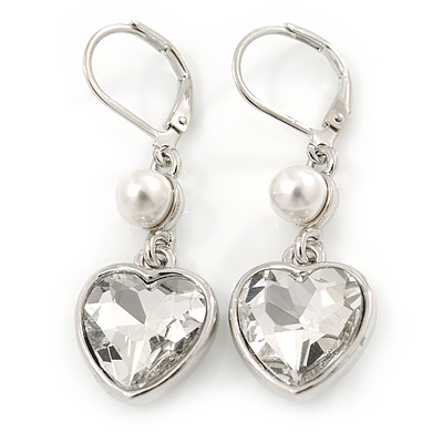 Clear Crystal Heart Drop Earrings In Silver Tone Metal with Leverback Closure - 40mm L - main view
