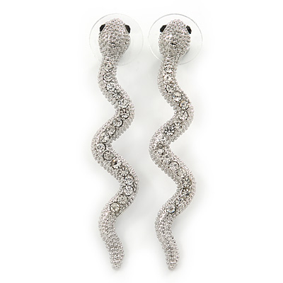 Clear Crystal Textured Snake Drop Earrings In Silver Tone - 50mm L