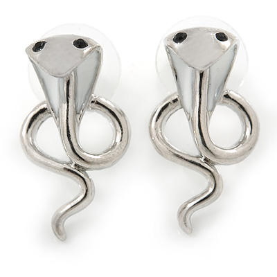 Cobra Snake Stud Earrings In Rhodium Plated Metal - 25mm L