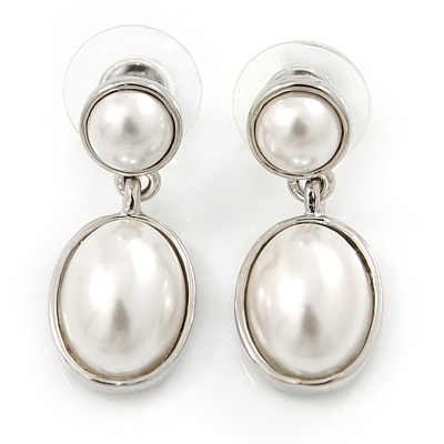Bridal/ Prom/ Wedding Glass Pearl Oval Drop Earrings In Silver Tone - 30mm L - main view