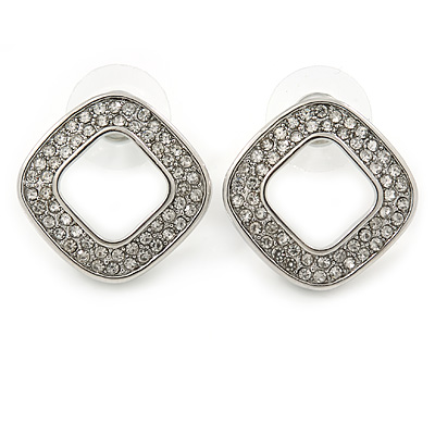 Rhodium Plated Clear Crystal Open Cut Square Stud Earrings - 20mm - main view