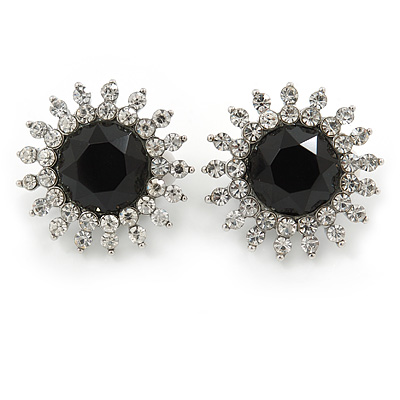 Bridal/ Prom/ Wedding Clear, Black Crystal Floral Clip-on Earrings In Rhodium Plating - 24mm - main view