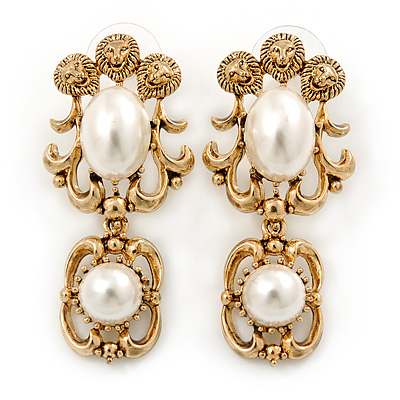 Vintage Inspired Lion Pearl Drop Earrings In Gold Tone - 45mm L - main view