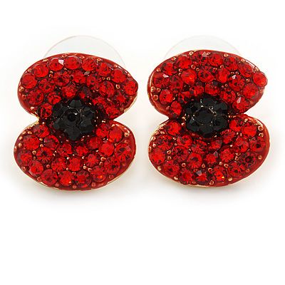 Red/ Black Austrian Crystal Poppy Flower Stud Earrings In Gold Plating - 16mm L