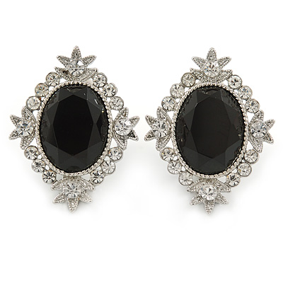 Bridal/ Prom/ Wedding Black, Clear Crystal Oval Clip On Earrings In Rhodium Plating - 35mm L - main view