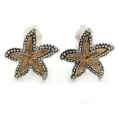 2 Tone Textured Starfish Clip-on Earrings - 20mm - main view