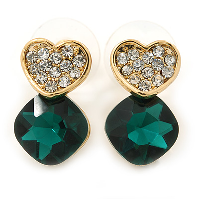 Clear/ Emerald Green Crystal Heart Stud Earrings In Gold Plating - 20mm L - main view