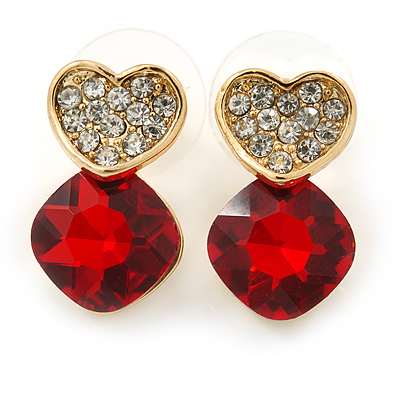 Clear/ Red Crystal Heart Stud Earrings In Gold Plating - 20mm L - main view