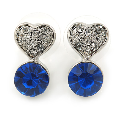 Small Clear/ Sapphire Crystal Heart Stud Earrings In Rhodium Plating - 18mm L - main view