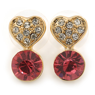 Small Clear/ Pink Crystal Heart Stud Earrings In Gold Plating - 18mm L - main view