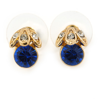 Tiny Sapphire/ Clear Round Cut Crystal Stud Earrings In Gold Plating - 10mm - main view