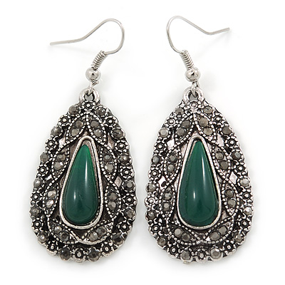 Teardrop Hematite Crystal, Green Resin Drop Earrings In Silver Tone - 50mm L - main view