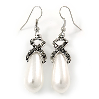 White Faux Teardop Pearl With Hematite Crystal Detailing Drop Earrings In Silver Tone - 45mm - main view