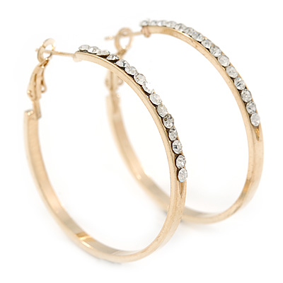 Gold Plated Clear Crystal Hoop Earrings - 40mm