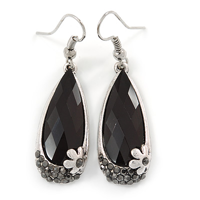 Silver Tone Black Acrylic Stone, Hematite Crystal Teardrop Earrings - 45mm L - main view