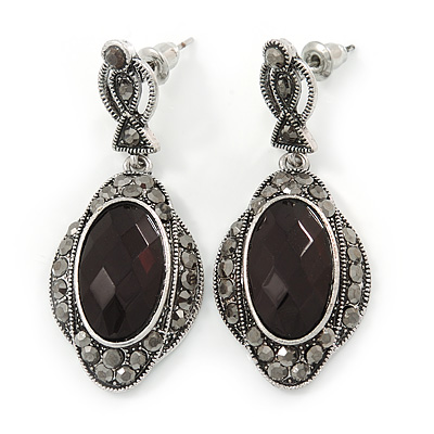 Black, Hematite Crystal Oval Marcasite Drop Earrings In Burnt Silver Tone - 45mm L - main view