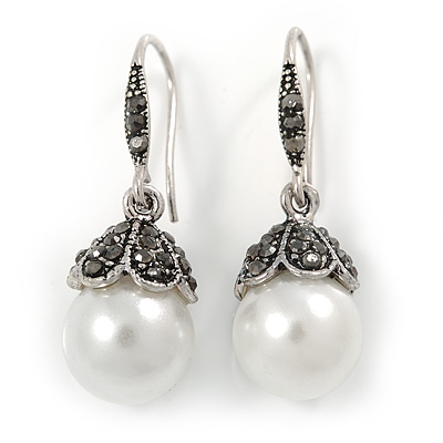 Vintage Inspired Black Hematite Crystal Faux Pearl Drop Earrings In Silver Tone - 35mm L - main view