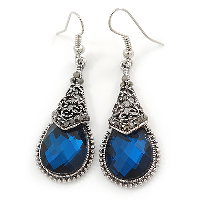 Marcasite Hematite Crystal, Blue Glass, Filigree Teardrop Earrings - 53mm L