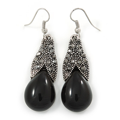 Black Resin Stone, Hematite Crystal Marcasite Drop Earrings In Silver Tone - 55mm L