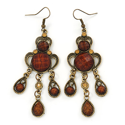 Victorian Style Brown Acrylic Bead Chandelier Earrings In Antique Gold Tone - 80mm L