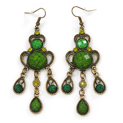 Victorian Style Green/ Olive Acrylic Bead Chandelier Earrings In Antique Gold Tone - 80mm L - main view