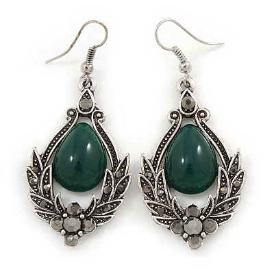 Victorian Style Green Glass, Hematite Crystal Drop Earrings In Silver Tone - 55mm L - main view