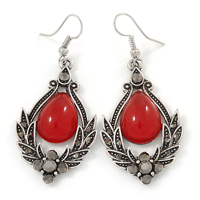 Victorian Style Red Glass, Hematite Crystal Drop Earrings In Silver Tone - 55mm L - main view