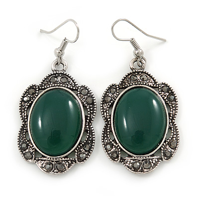Victorian Style Green Resin Stone Oval Drop Earrings In Burnt Silver Tone - 50mm L - main view