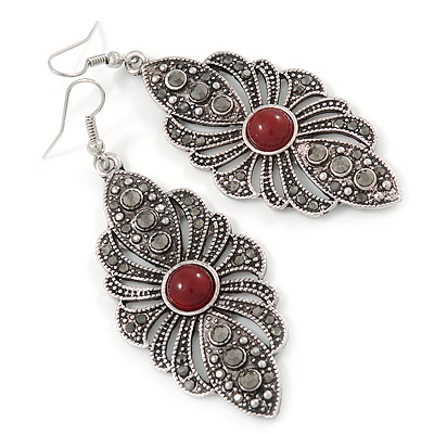 Marcasite Filigree, Hematite Crystal With Red Resin Stone Drop Earrings - 75mm L - main view