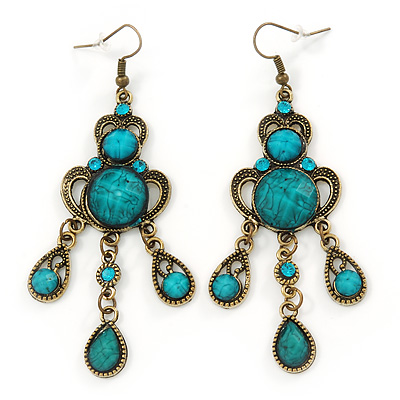 Victorian Style Teal/ Azure Acrylic Bead Chandelier Earrings In Antique Gold Tone - 80mm L - main view