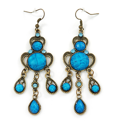 Victorian Style Blue Acrylic Bead Chandelier Earrings In Antique Gold Tone - 80mm L - main view
