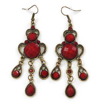 Victorian Style Dark Red/ Burgundy Acrylic Bead Chandelier Earrings In Antique Gold Tone - 80mm L - main view
