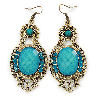 Victorian Style Light Blue  Acrylic Bead, Crystal Chandelier Earrings In Antique Gold Tone - 80mm L
