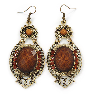 Victorian Style Brown Acrylic Bead, Crystal Chandelier Earrings In Antique Gold Tone - 80mm L - main view
