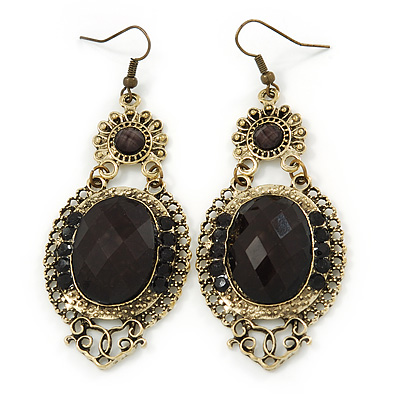 Victorian Style Black Acrylic Bead, Crystal Chandelier Earrings In Antique Gold Tone - 80mm L