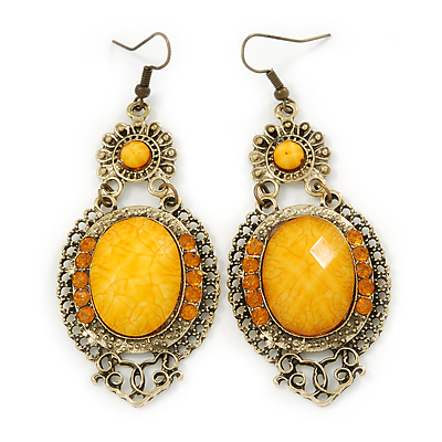 Victorian Style Yellow Acrylic Bead, Crystal Chandelier Earrings In Antique Gold Tone - 80mm L - main view
