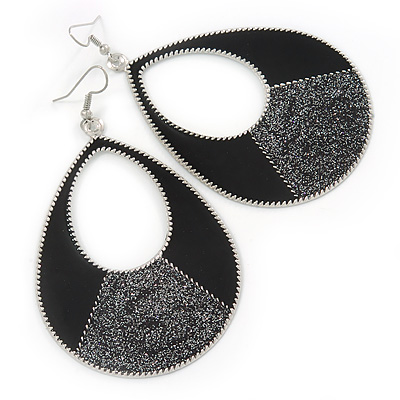 Large Black Enamel With Glitter Oval Hoop Earrings In Silver Tone - 90mm L - main view