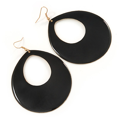 Large Black Enamel Oval Hoop Earrings In Gold Tone - 85mm L - main view