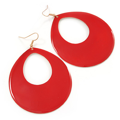 Large Red Enamel Oval Hoop Earrings In Gold Tone - 85mm L - main view