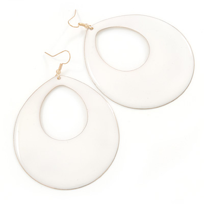 Large White Enamel Oval Hoop Earrings In Silver Tone - 85mm L - main view