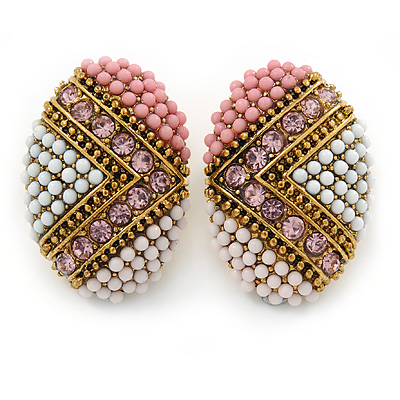 Boho Style Pink/ White/ Pale Pink Beaded Oval Stud Earrings In Gold Tone - 25mm L - main view