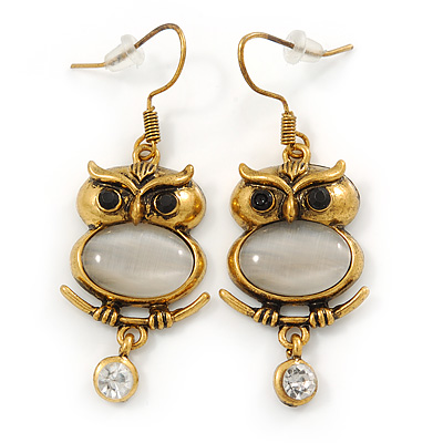 Antique Gold Tone Crystal Owl Drop Earrings - 50mm L - main view