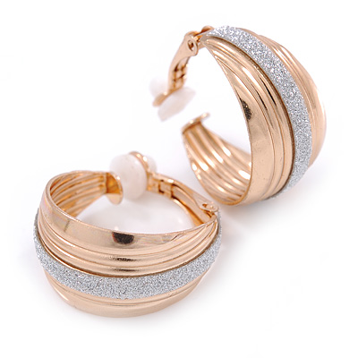 Small Gold Tone Hoop Clip On Earrings With Silver Glitter - 23mm - main view