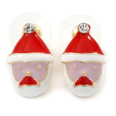 Red/ White/ Pink Enamel 'Christmas Santa Claus' Stud Earrings In Gold Plating - 20mm Length - main view