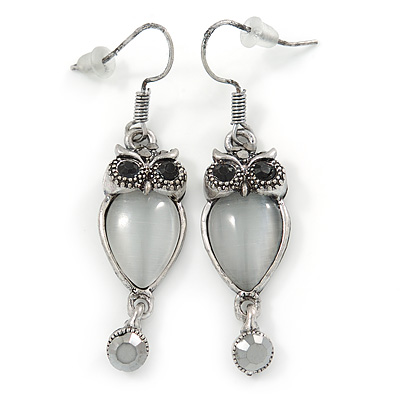 Burnt Silver Crystal Owl Drop Earrings - 50mm L - main view