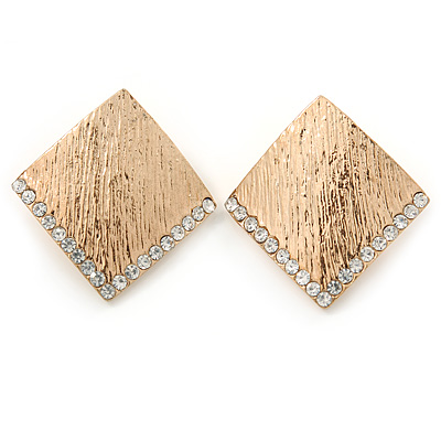 Gold Tone Textured Crystal Square Stud Earrings - 30mm - main view
